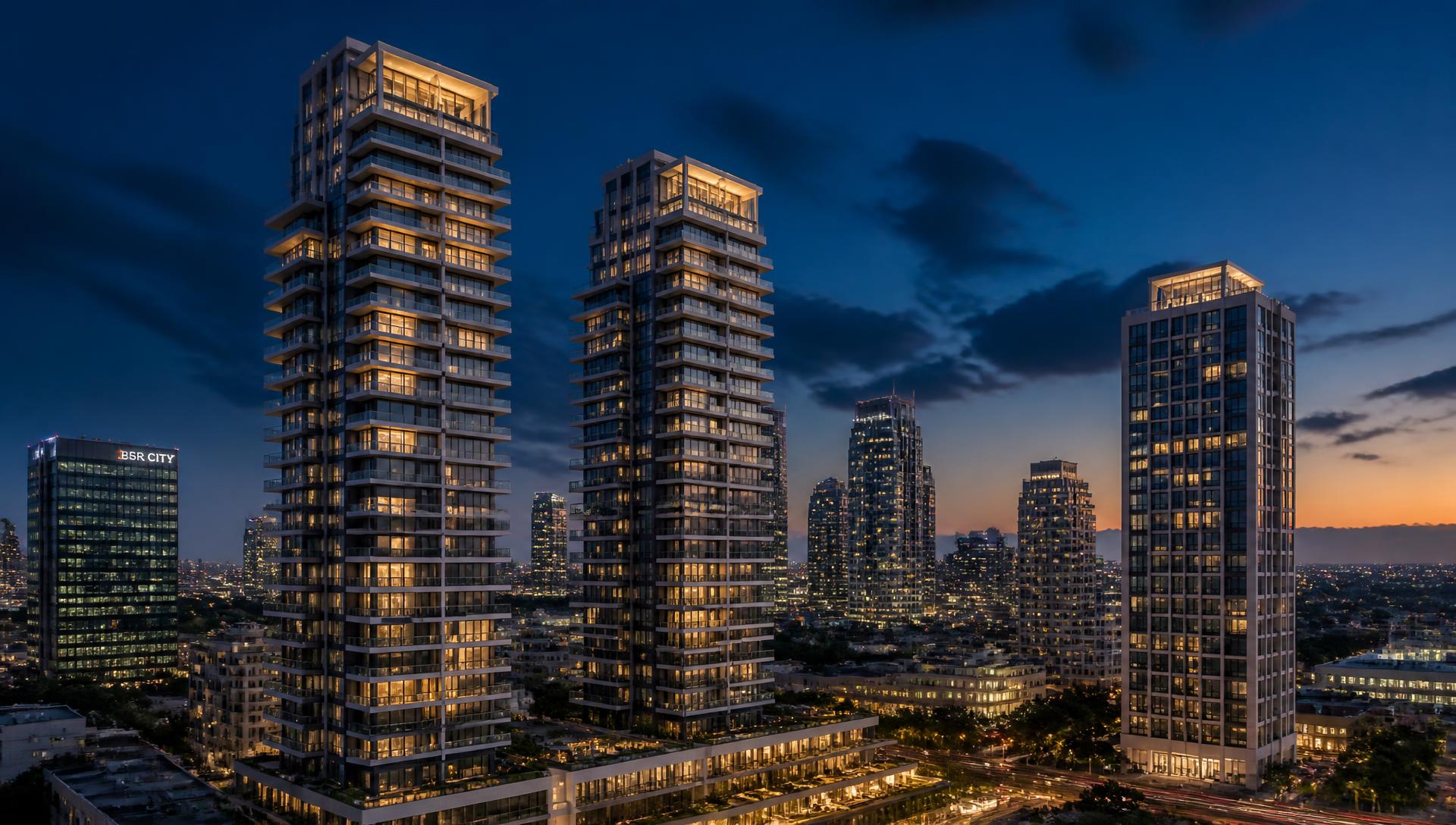City skyline at dusk